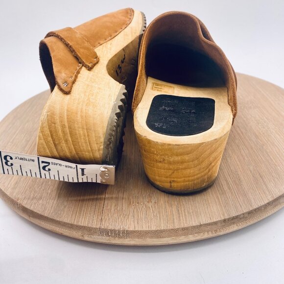 Swedish Wood Clogs Womens 8.5 39 Tan Brown Leather Slides Studded - Picture 8 of 12